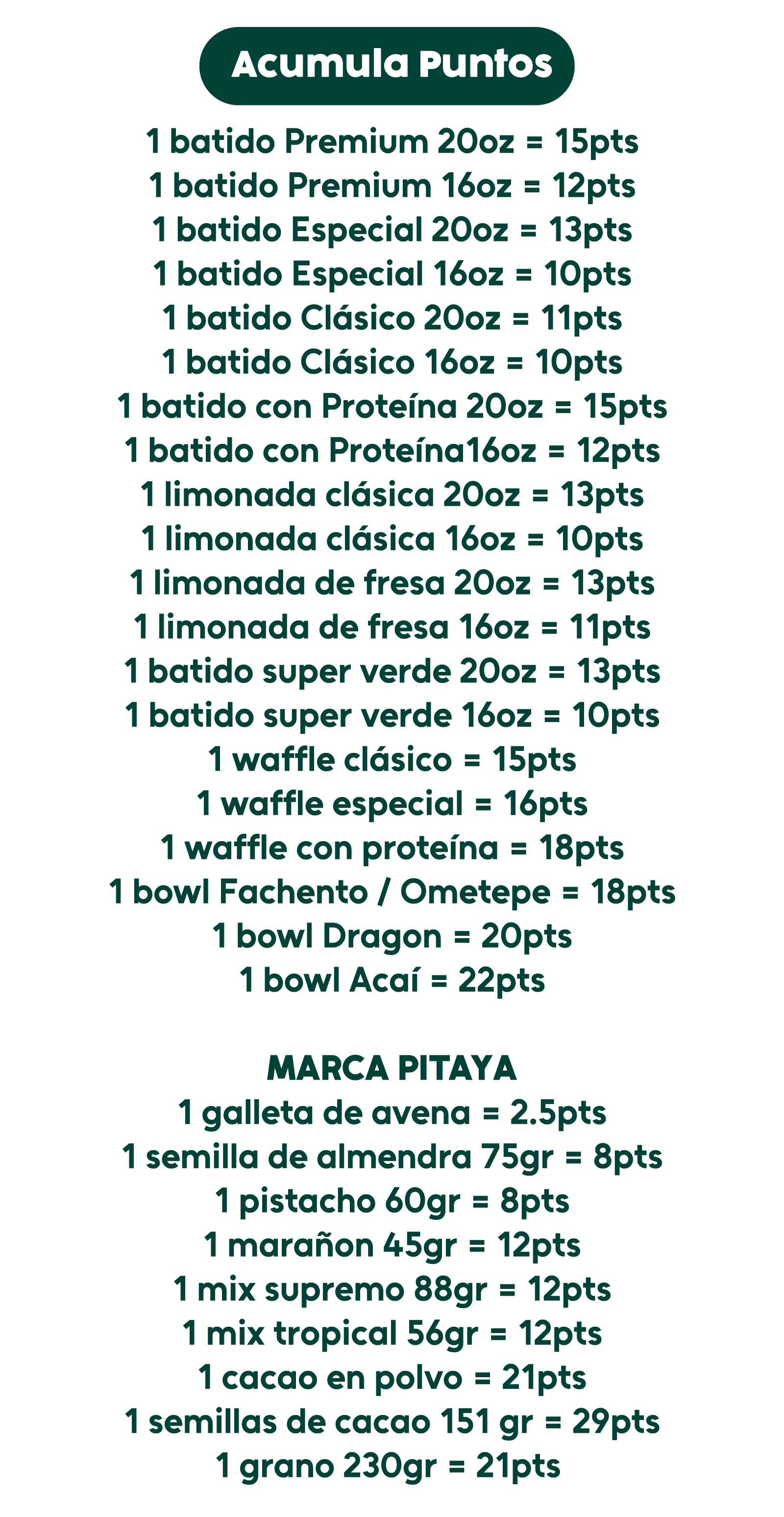 Menu batidos Pitaya