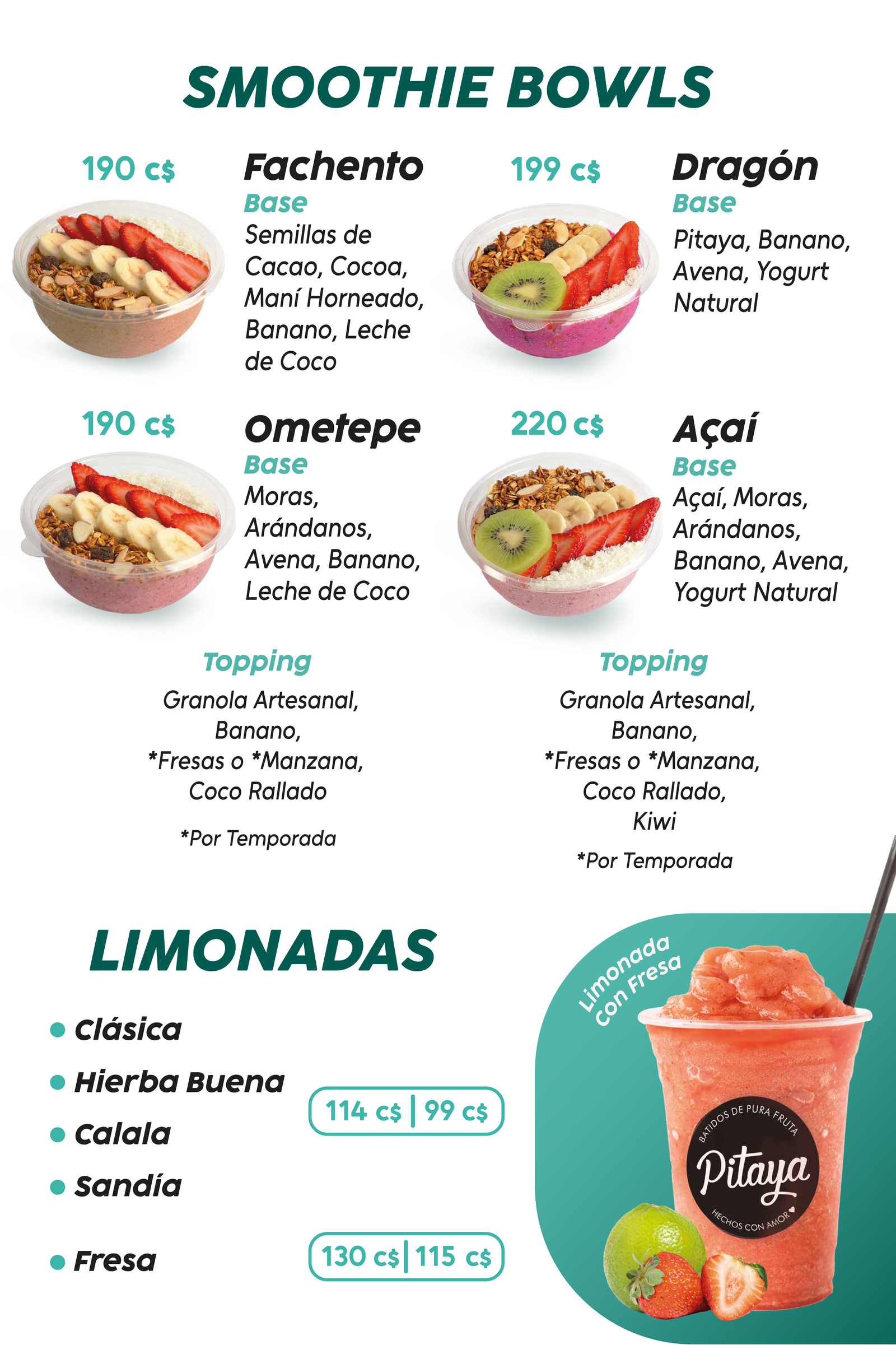 Menu batidos Pitaya