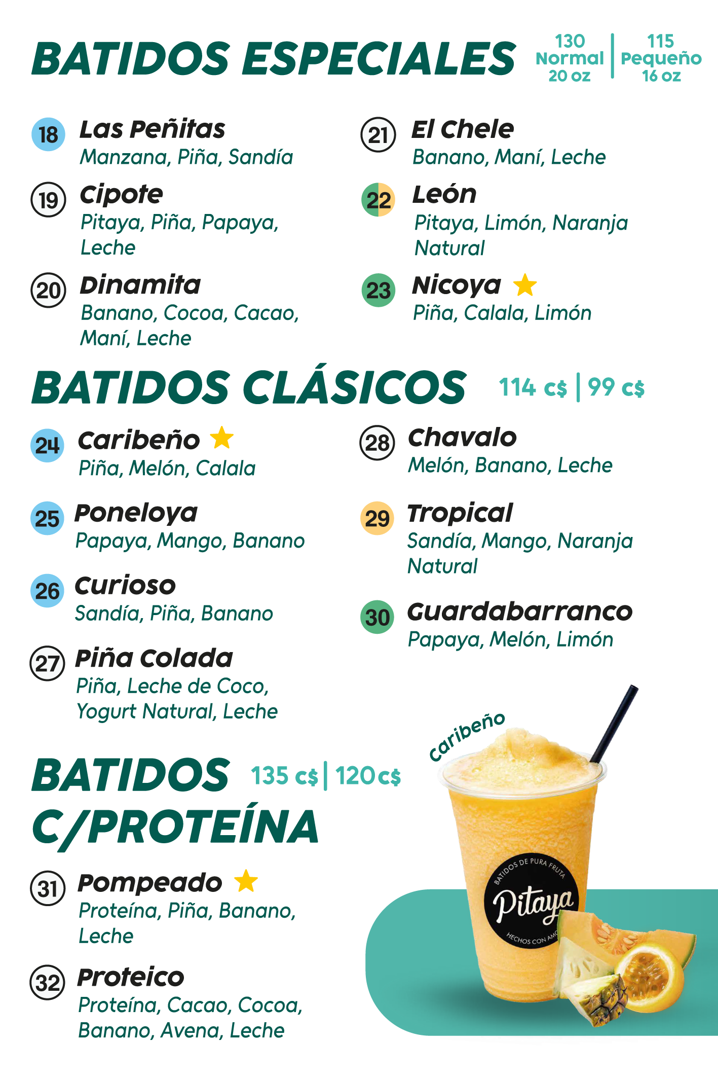 Menu batidos Pitaya